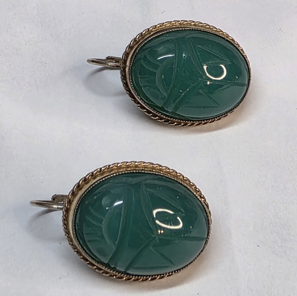 Sterling Silver Green Chalcedony Earrings | 1/20 14K Gold Fill | Carved Scarab - Picture 3 of 6
